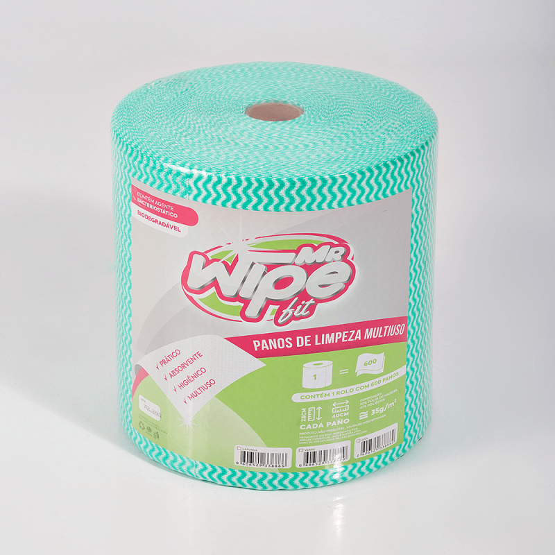 PANO MULTIUSO - MR WIPE FIT - VERDE - 53% WP 47% PL - 28CM X 40CM 35G - ROLO 240M COM 600 PANOS