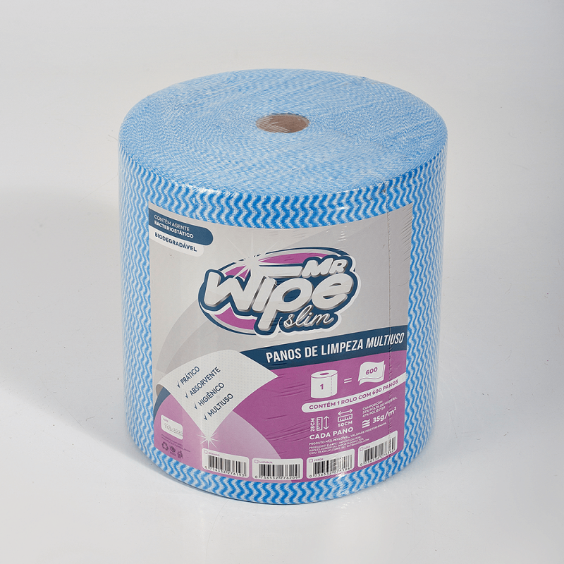 PANO MULTIUSO - MR WIPE SLIM - AZUL - 53% WP 47% PL - 28CM X 50CM 35G - ROLO 300M COM 600 PANOS