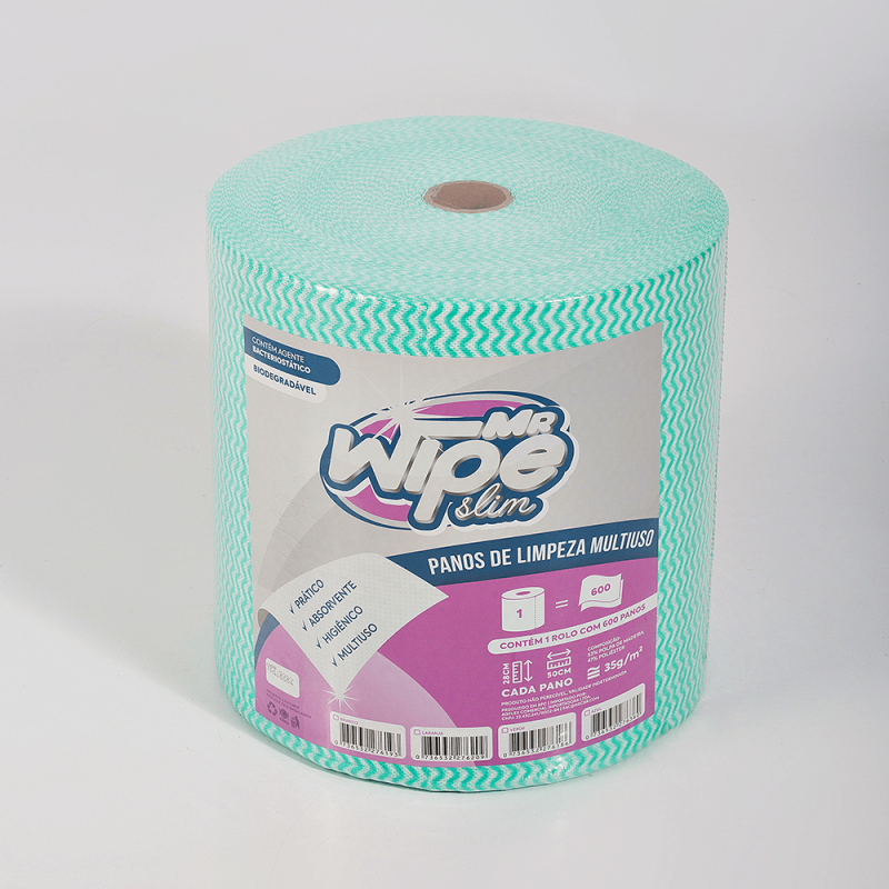 PANO MULTIUSO - MR WIPE SLIM - VERDE - 53% WP 47% PL - 28CM X 50CM 35G - ROLO 300M COM 600 PANOS